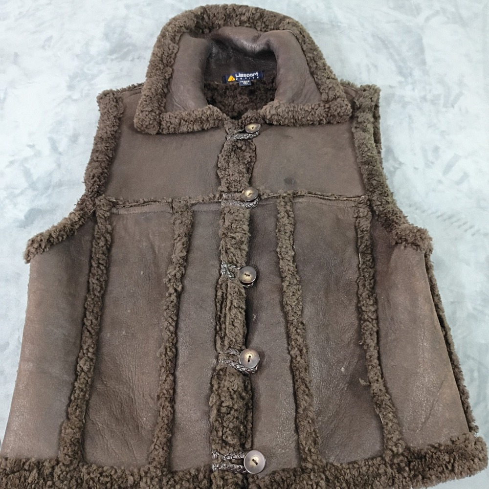 Lizsport Petite Brown Faux Shearling Vest Toggle Button Trim Small P